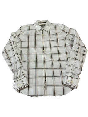 Ruehl No 925 Button Up Shirt Men XL White Brown Plaid Casual Long Sleeve Stripe
